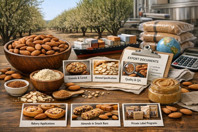 Illustrated California almond ingredients and commercial sourcing hub